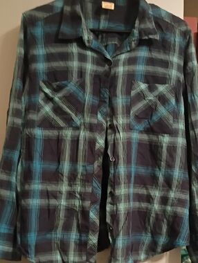 Faded Glory Navy and Teal Plaid Button-Down Shirt